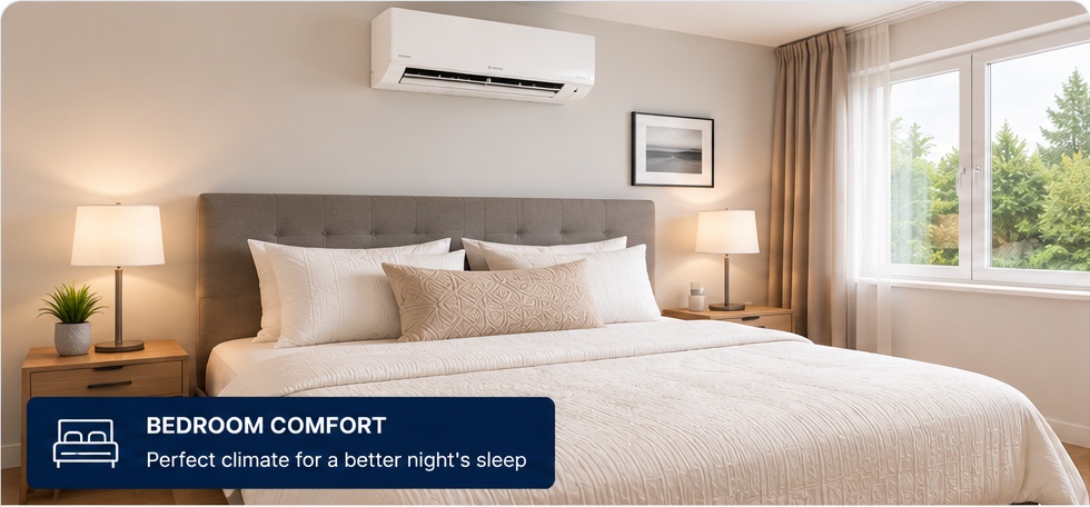 Domestic air conditioning unit installed in a bedroom